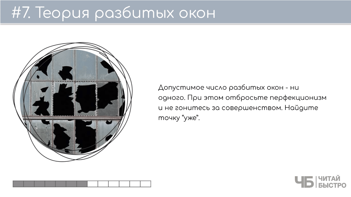 На этом слайде изображен тезис о теории разбитых окон и иллюстрация разбитого окна.