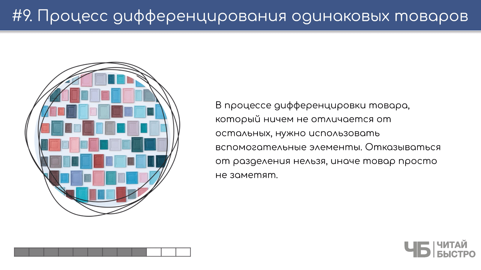На этом слайде изображен тезис о процессе дифференцирования одинаковых товаров и иллюстрация разноцветных стикеров на доске.
