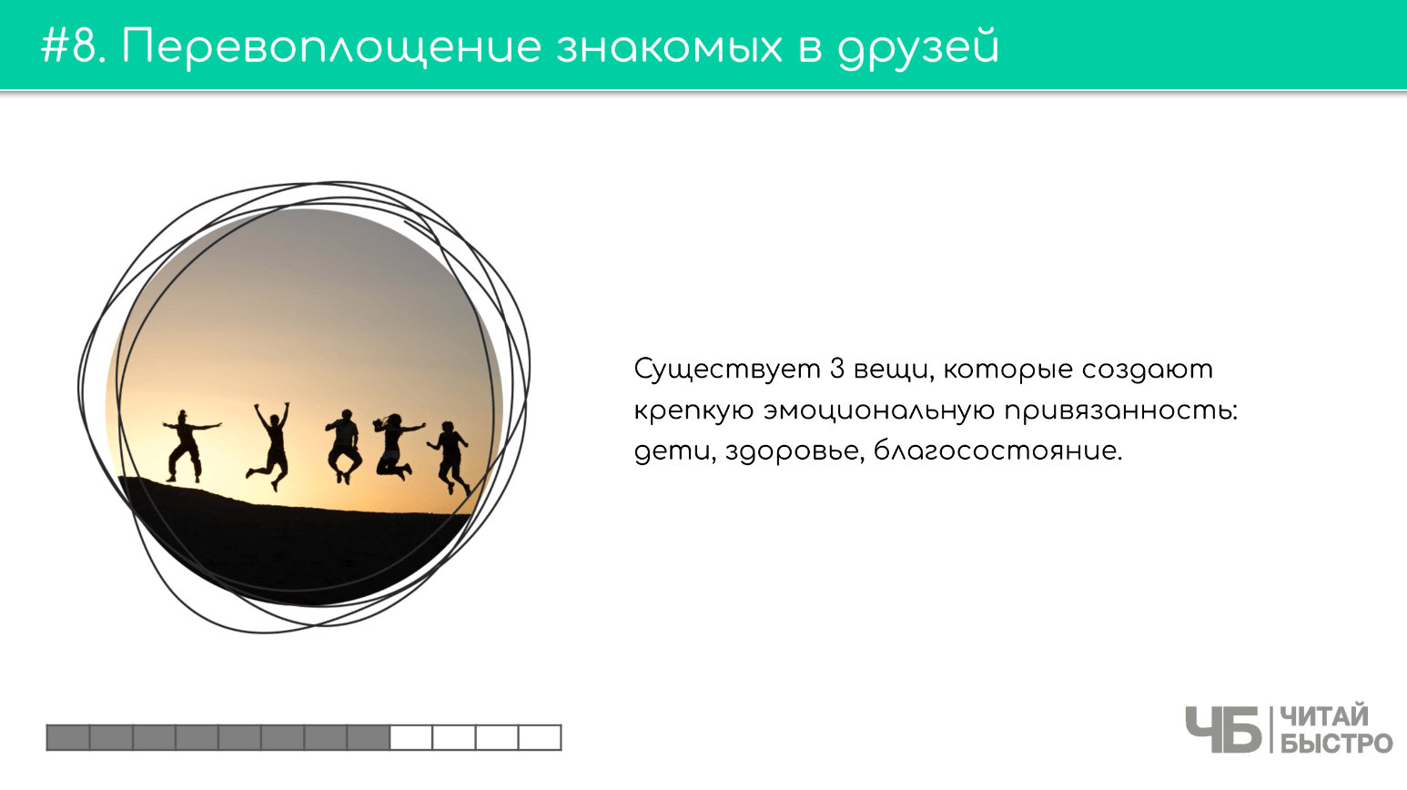 На этом слайде изображен тезис о перевоплощении знакомых в друзей и иллюстрация прыгающих людей.
