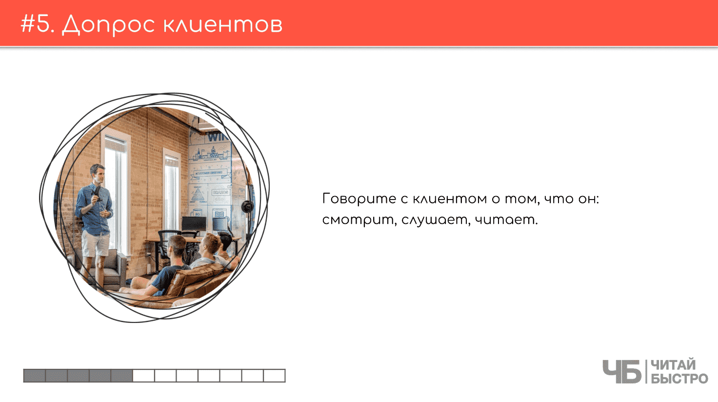 На этом слайде изображен тезис о допросе клиентов и иллюстрация людей в комнате.