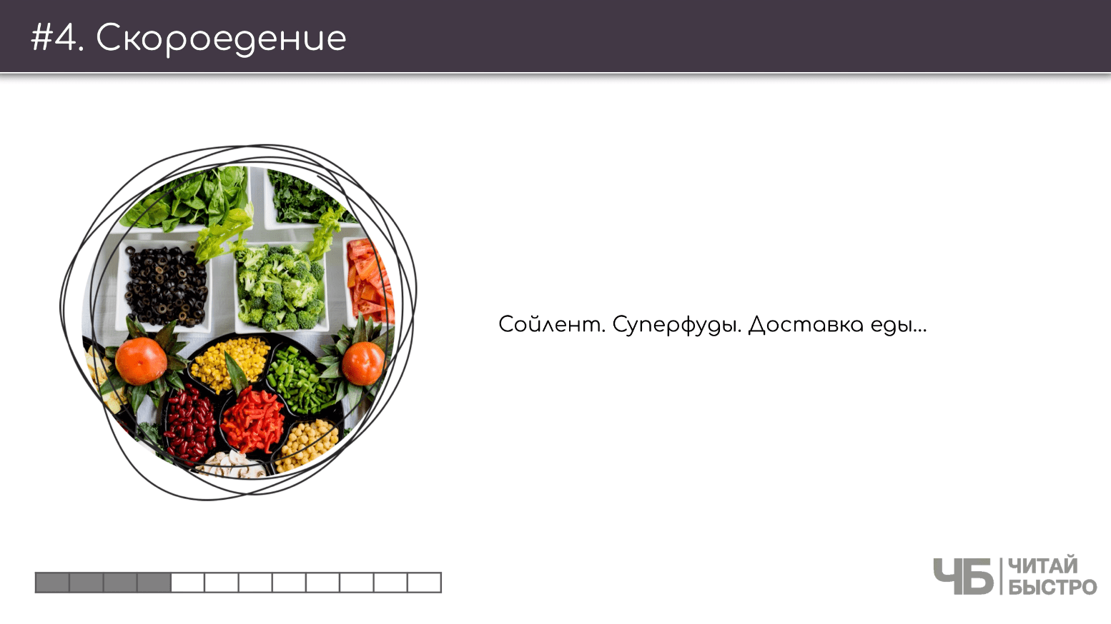 На этом слайде изображен тезис о скороедение и иллюстрация тарелки с разнообразной едой.