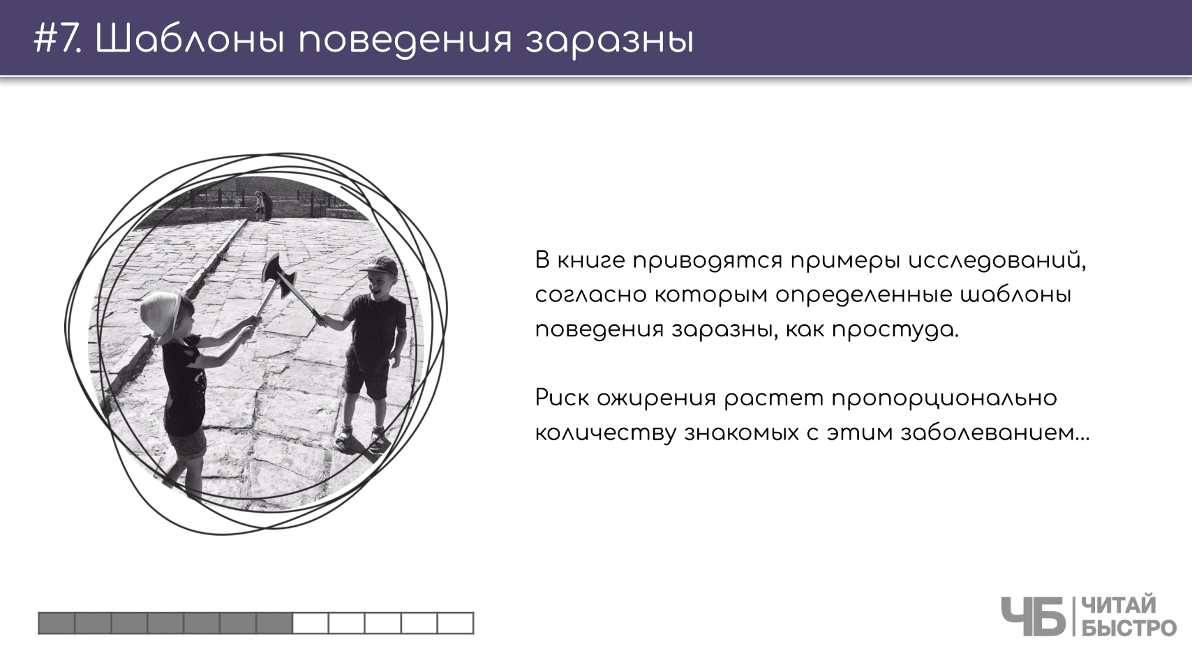 На этом слайде изображен тезис о том, что шаблоны поведения заразны и иллюстрация играющих детей.
