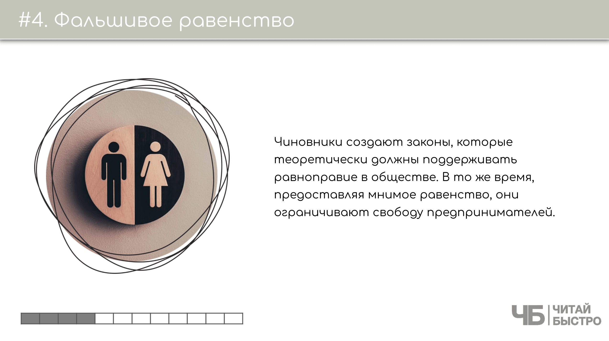 На этом слайде изображен тезис о фальшивом равенстве и иллюстрация значка мужчины и женщины.