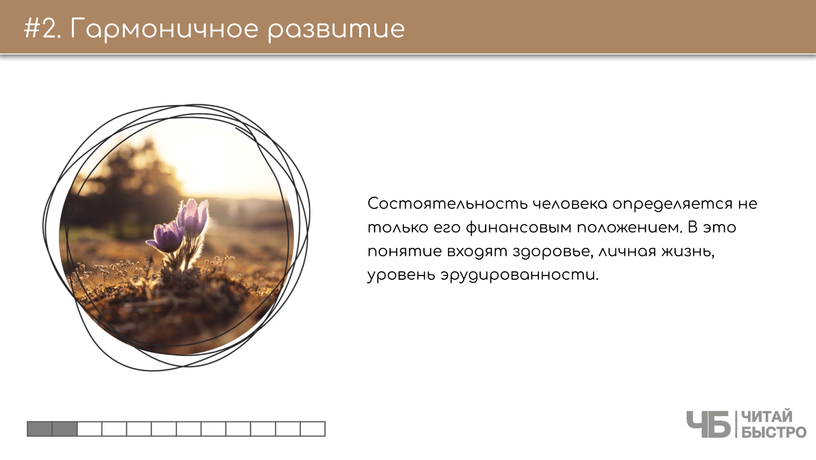 На этом слайде изображен тезис о гармоничном развитии и иллюстрация цветов.