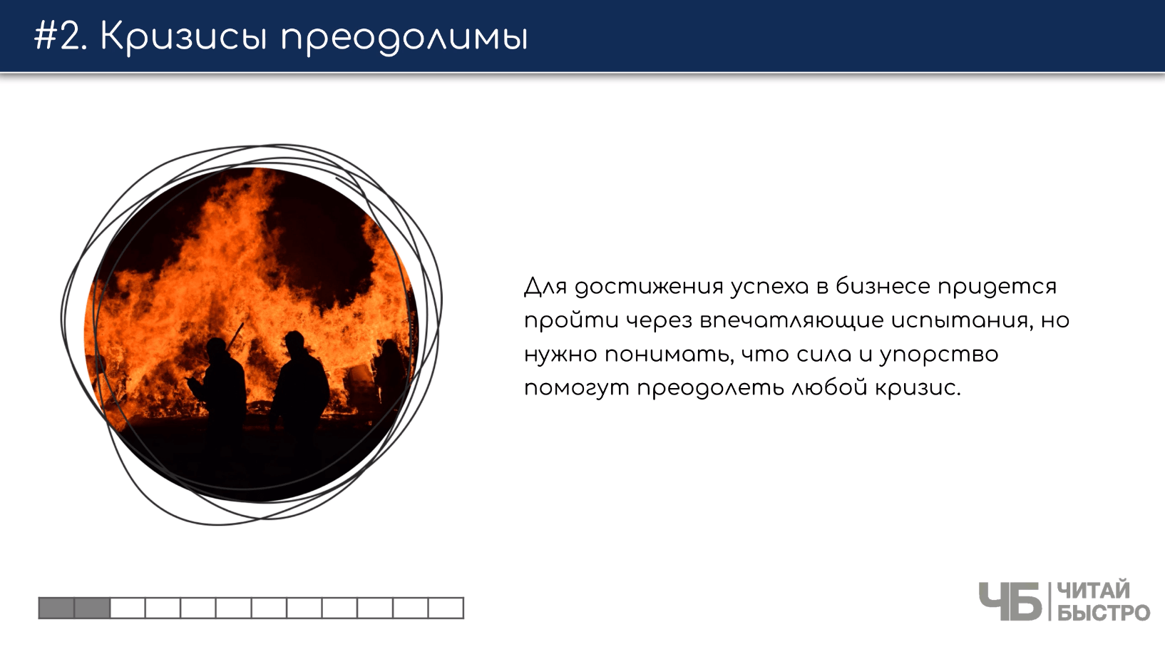 На этом слайде изображен тезис о том что кризисы преодолими и иллюстрация людей на фоне пожара.