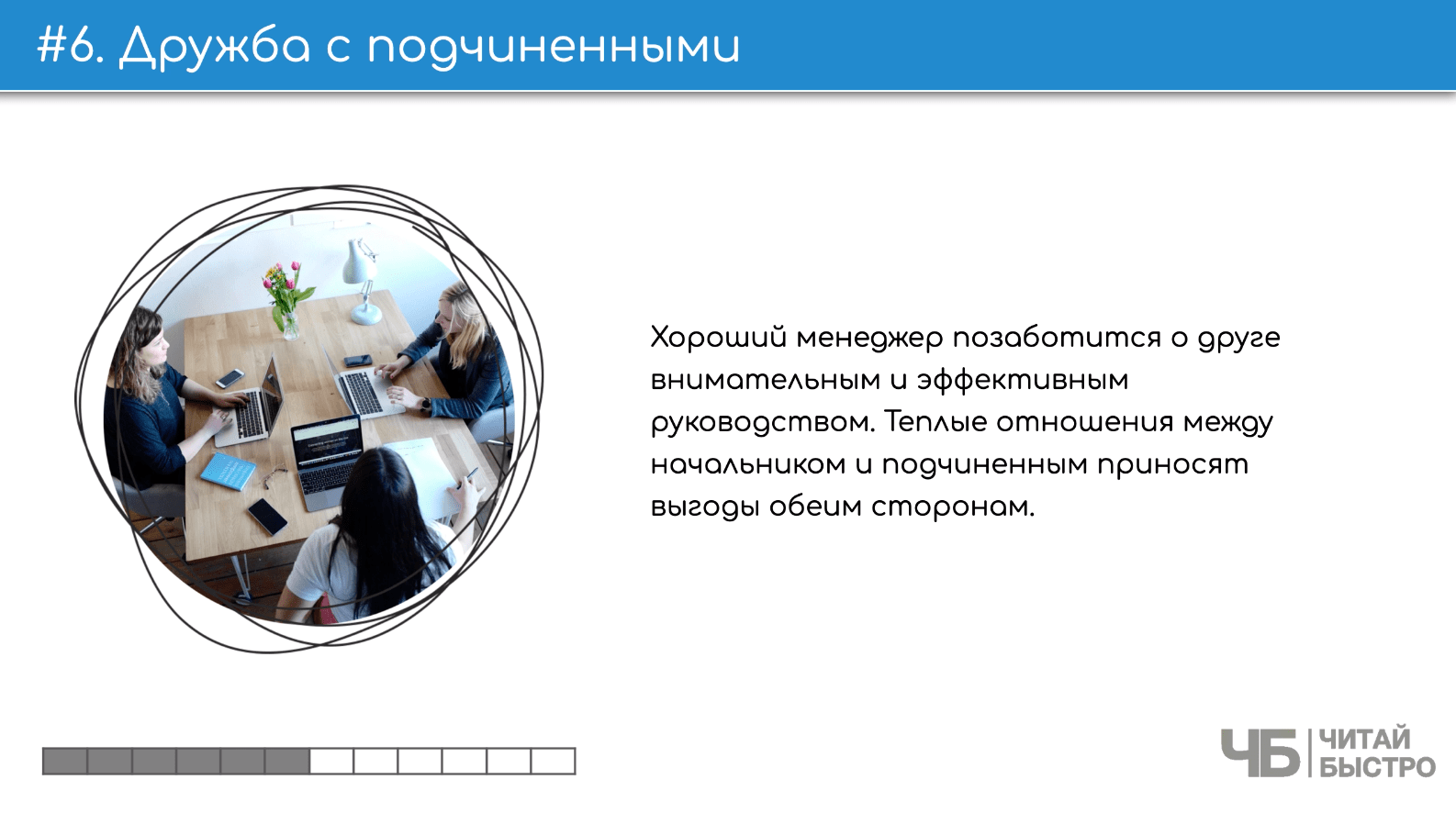 На этом слайде изображен тезис о дружбе с подчиненными и иллюстрация сотрудников в офисе.