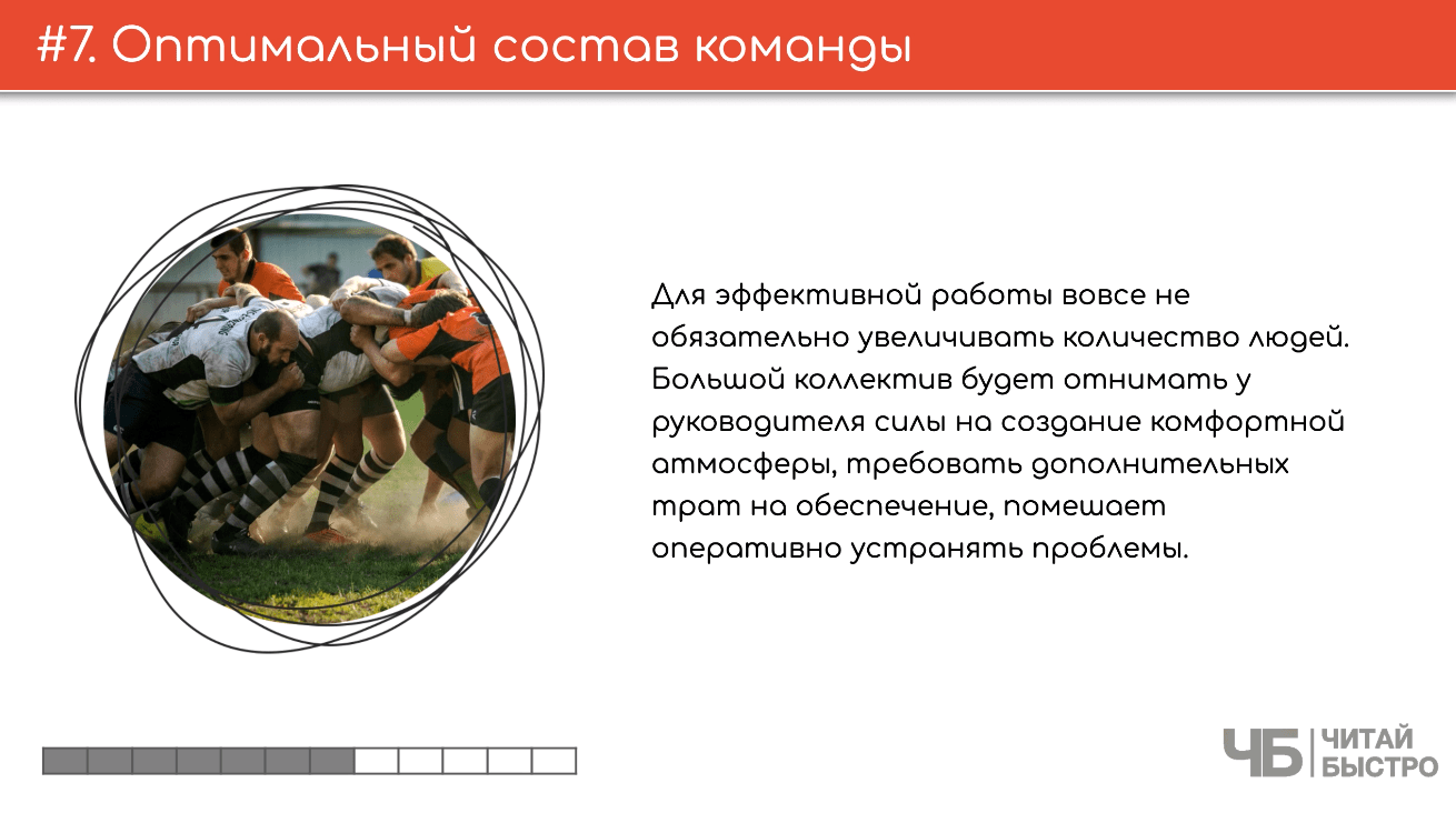 На этом слайде изображен тезис о оптимальном составе команды и иллюстрация спортивной команды.