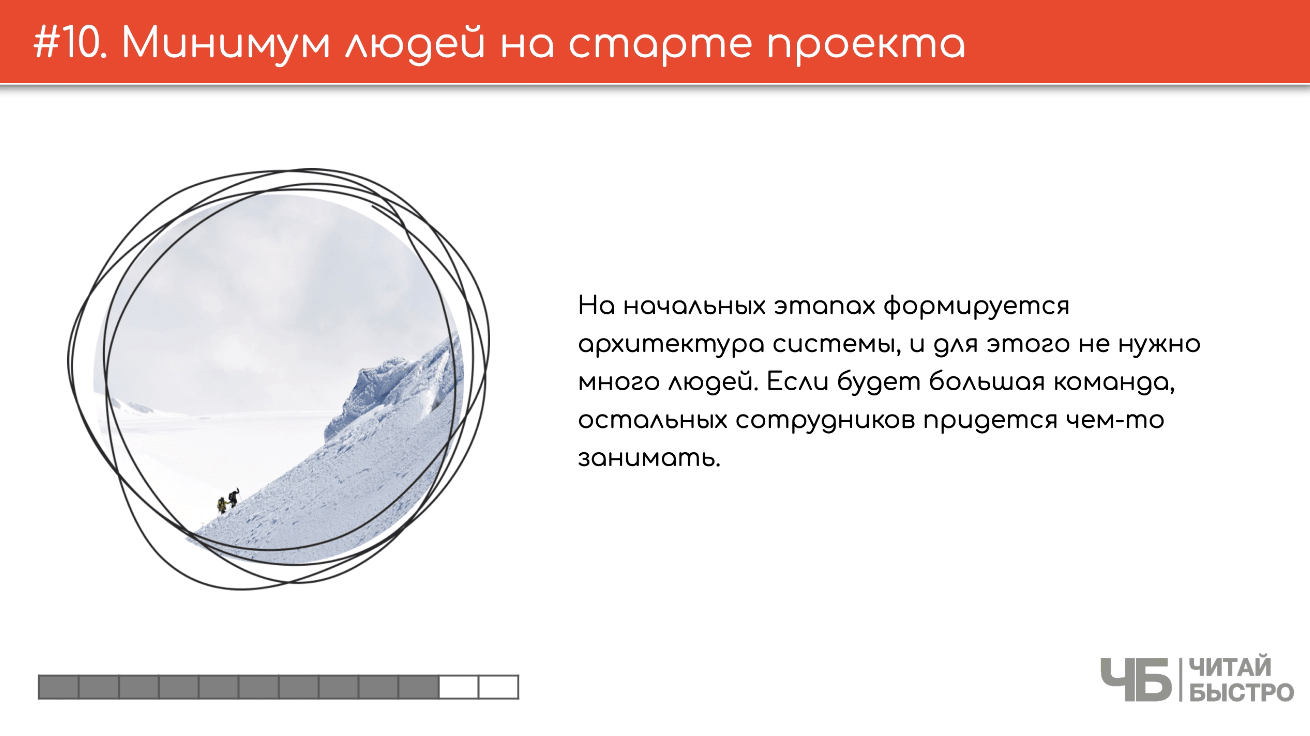 На этом слайде изображен тезис о том, что нужно минимум людей на старте проекта и иллюстрация двух людей, покоряющих снежную вершину.