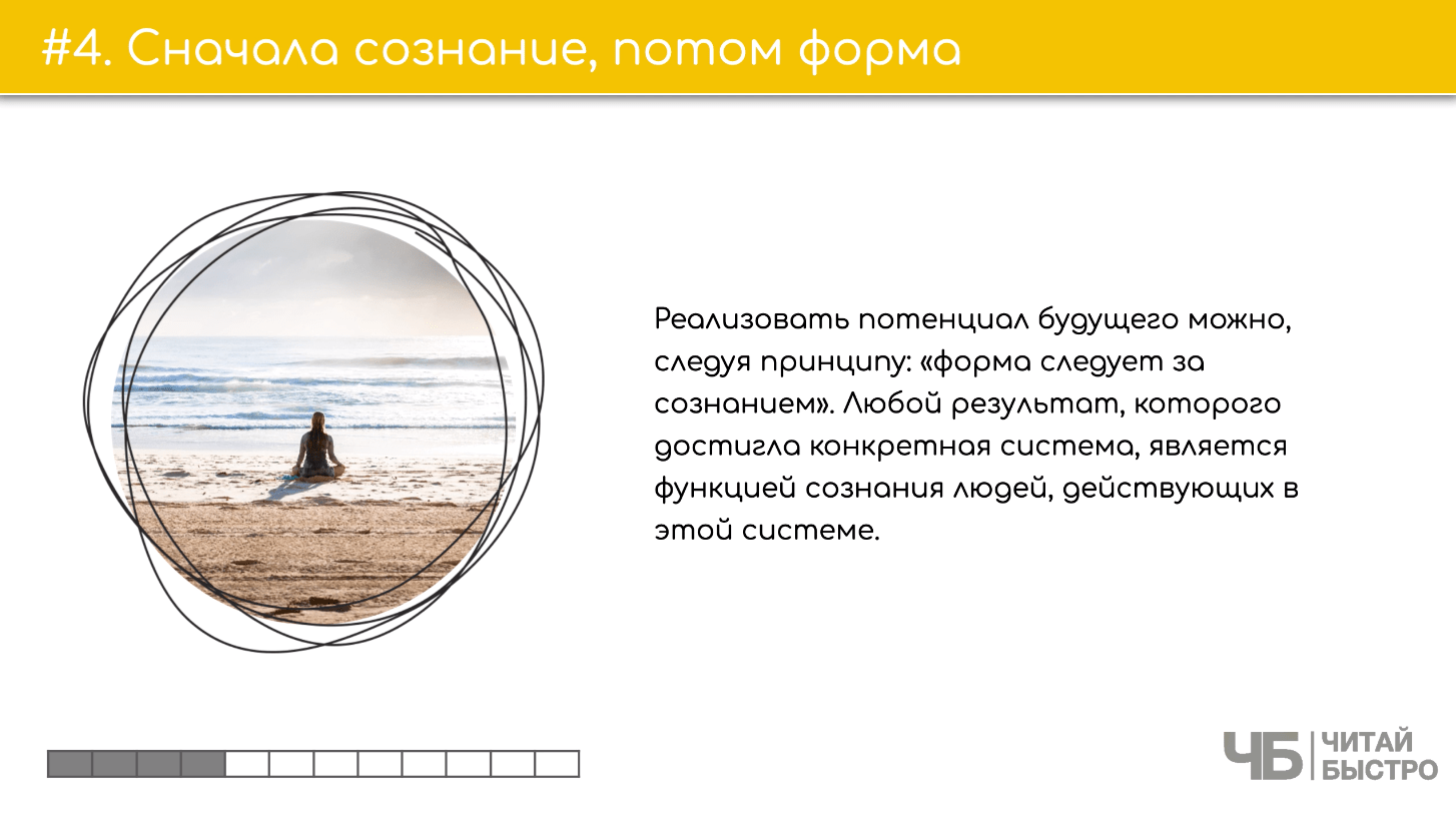 На этом слайде изображен тезис о том, что сначала сознание, а потом форма и иллюстрация девушки на берегу моря.