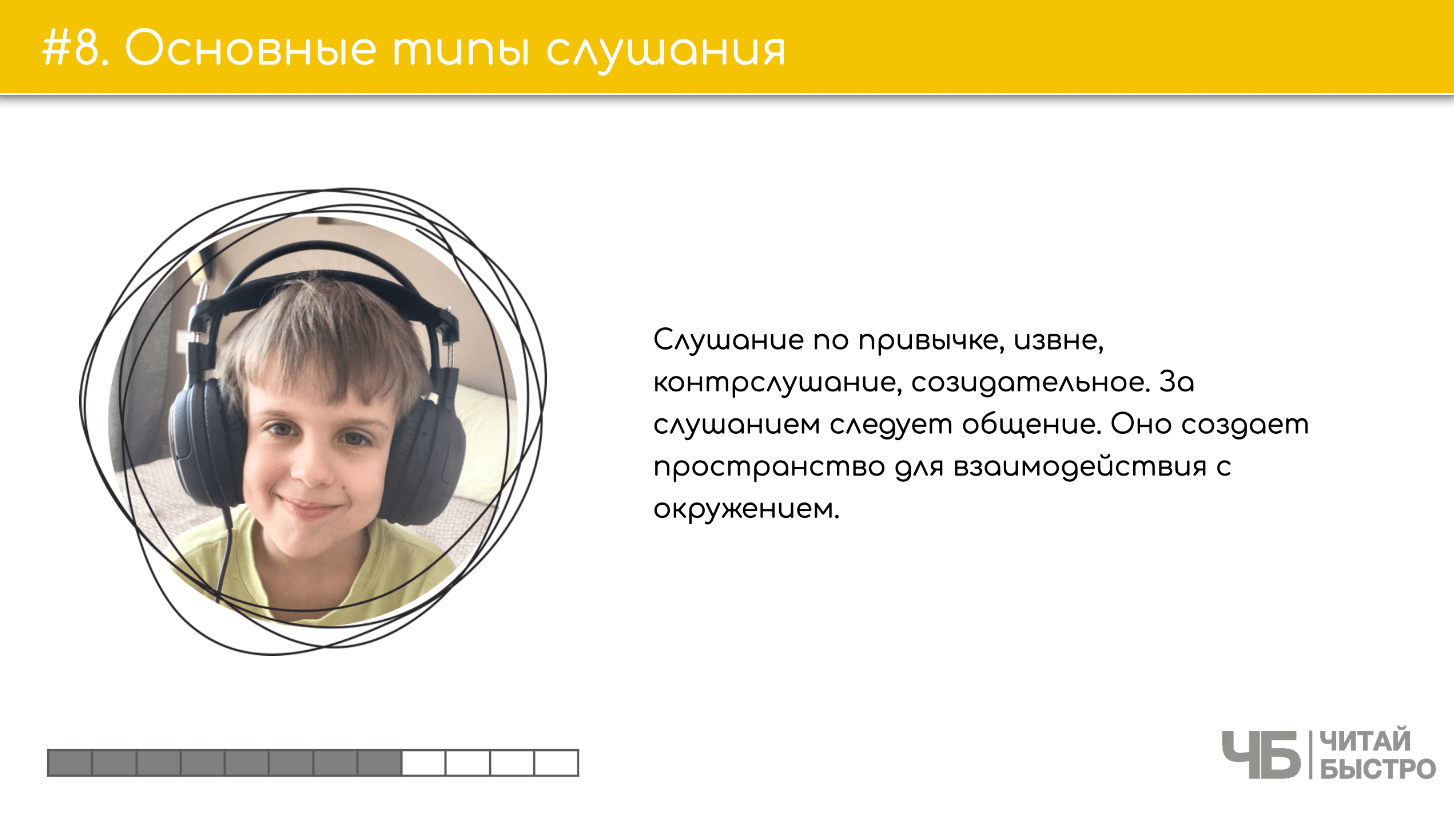 На этом слайде изображен тезис о основных типах слушания и иллюстрация мальчика в наушниках.