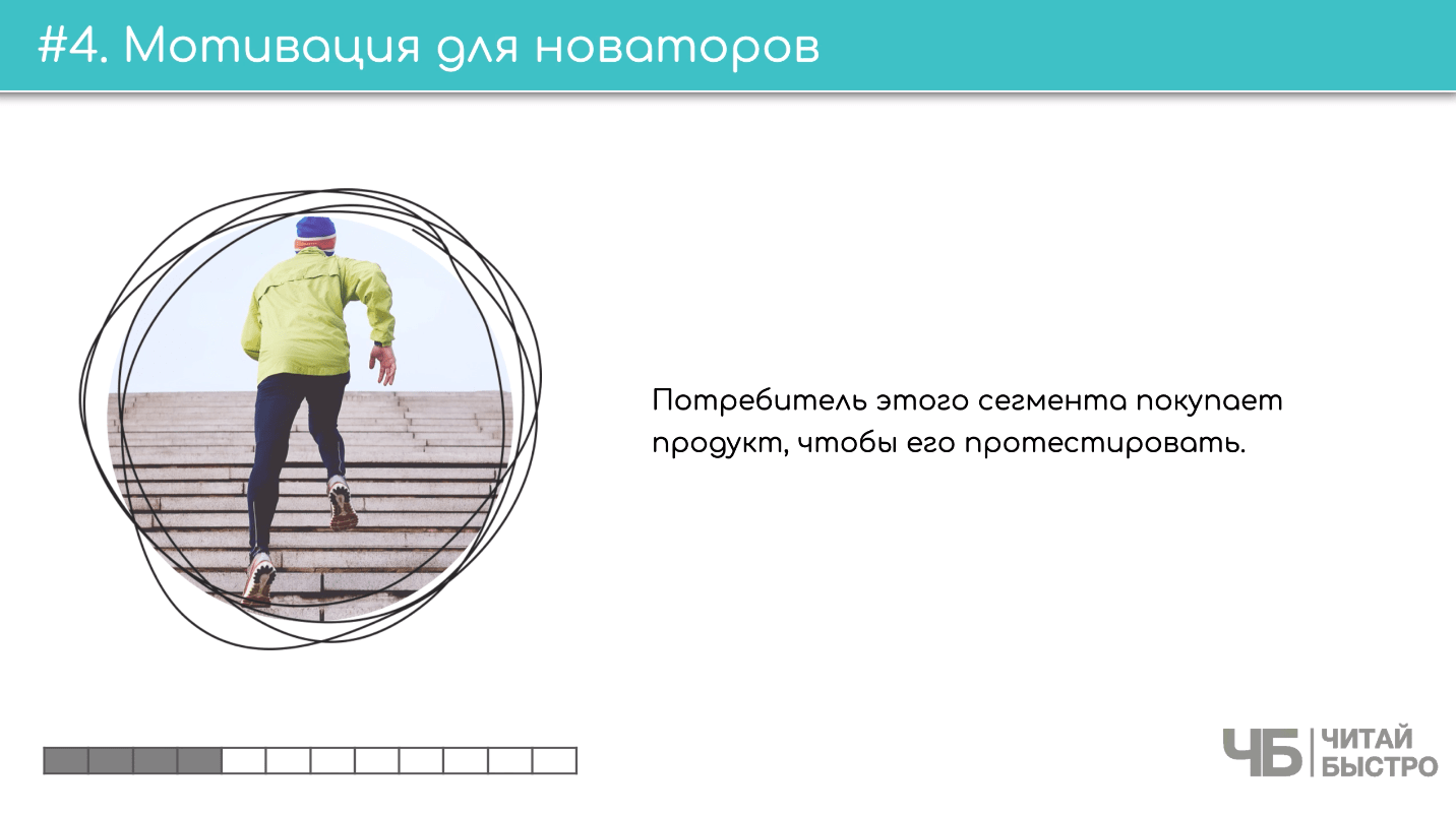 На этом слайде изображен тезис о мотивации для новаторов и иллюстрация бегущего вверх человека.