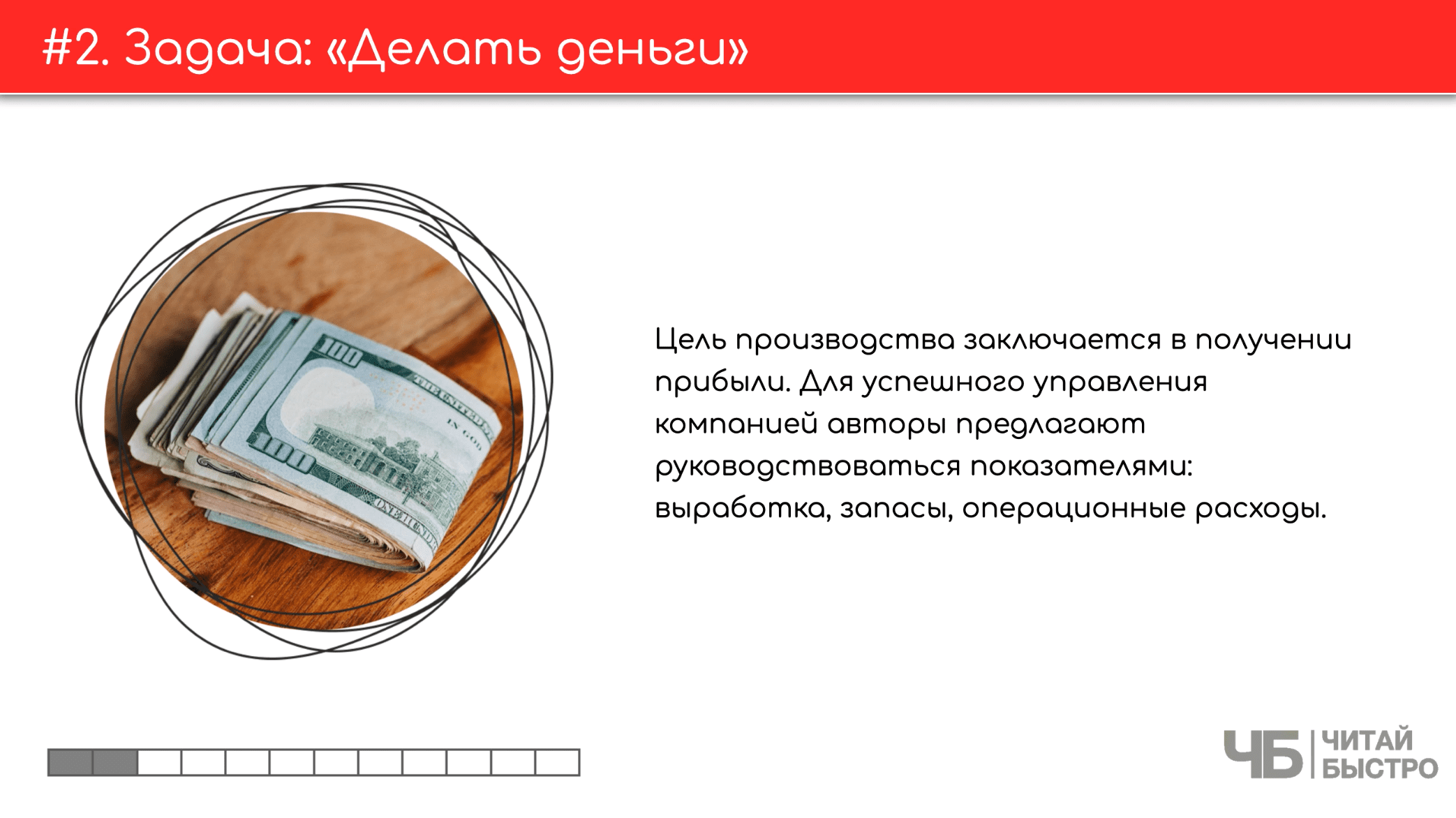 На этом слайде изображен тезис о задаче: «Делать деньги» и иллюстрация денег.