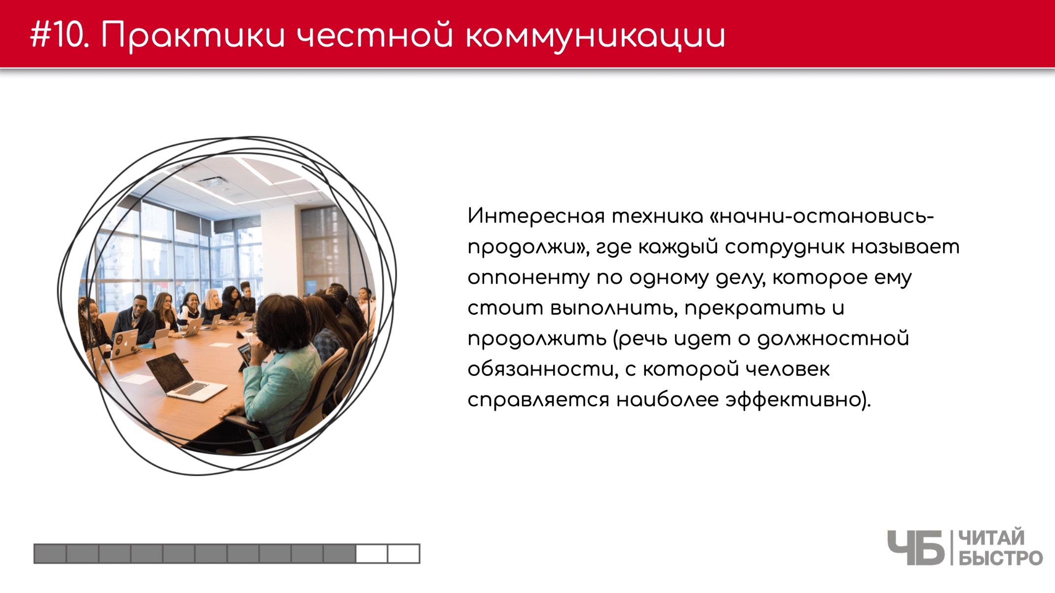 На этом слайде изображен тезис о практиках честной коммуникации и иллюстрация сотрудников за столом для переговоров.
